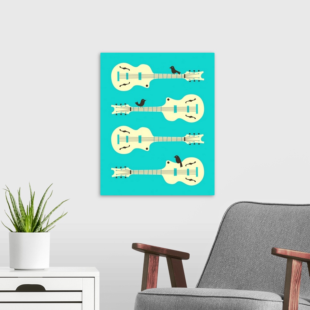 A modern room featuring Illustration of four guitars with birds perched on three of them, with a bright blue background.