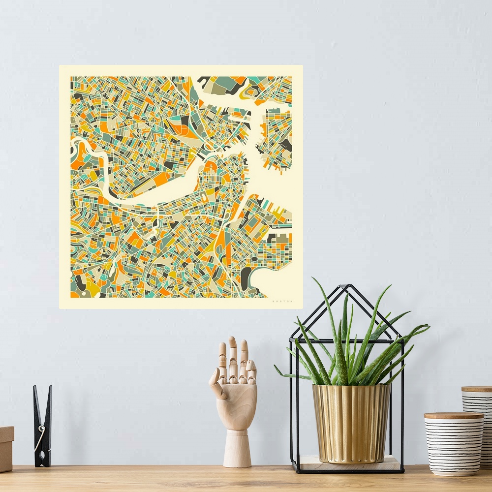 A bohemian room featuring Colorfully illustrated aerial street map of Boston, Massachusetts on a square background.