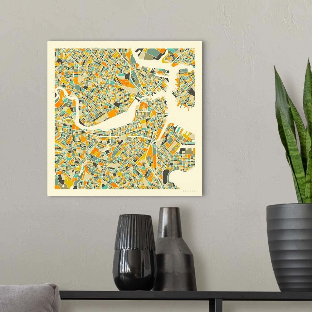 A modern room featuring Colorfully illustrated aerial street map of Boston, Massachusetts on a square background.