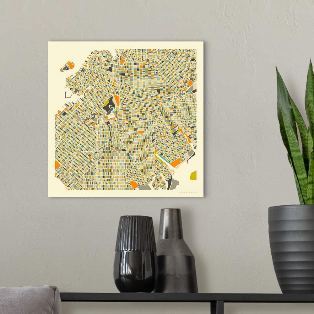 A modern room featuring Colorfully illustrated aerial street map of Brooklyn, New York on a square background.