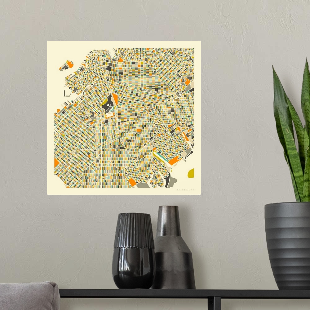 A modern room featuring Colorfully illustrated aerial street map of Brooklyn, New York on a square background.