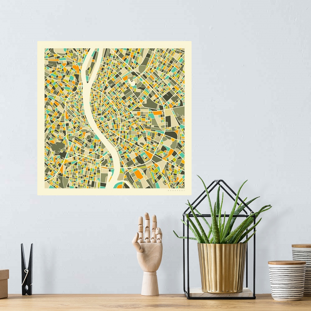 A bohemian room featuring Colorfully illustrated aerial street map of Budapest, Hungary on a square background.