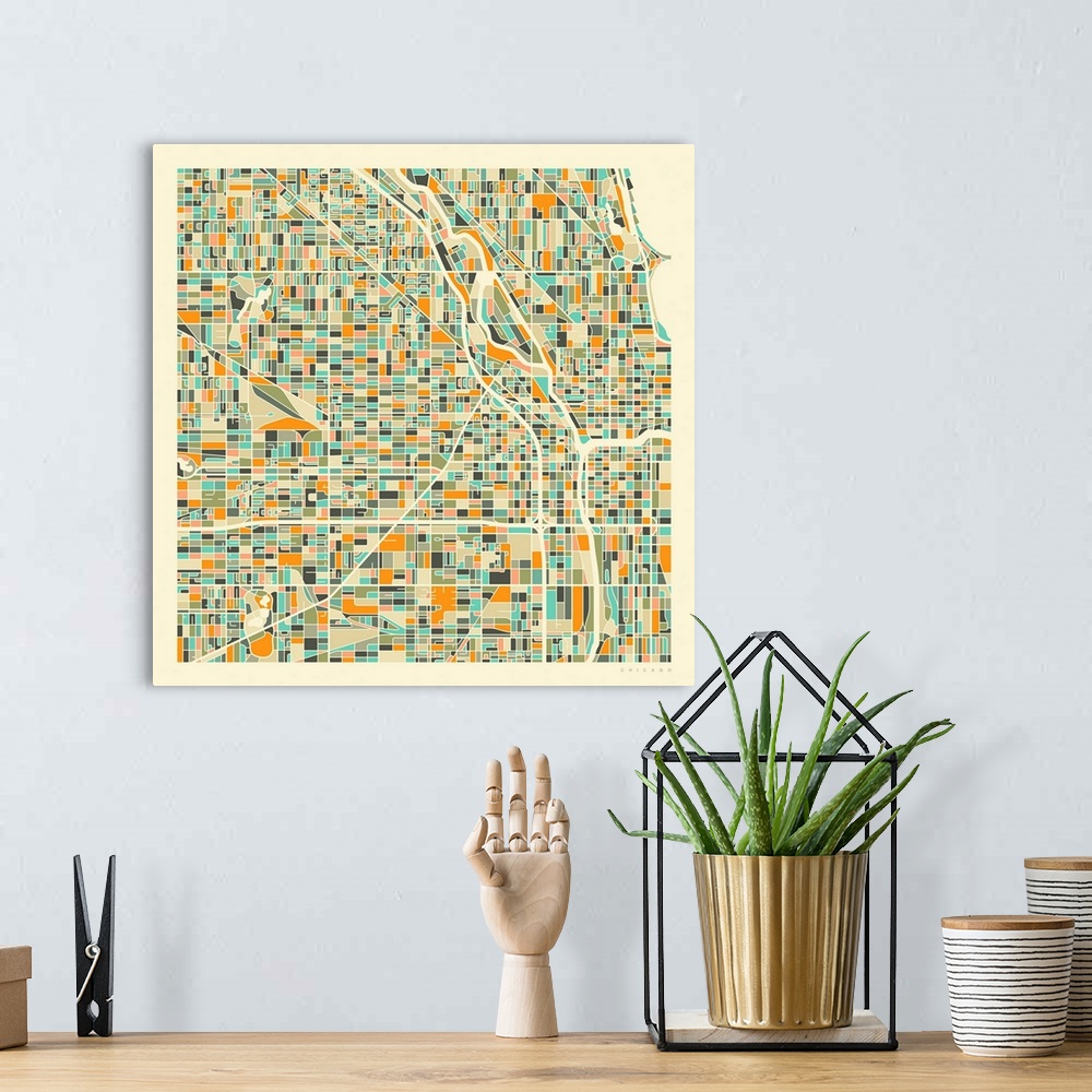 A bohemian room featuring Colorfully illustrated aerial street map of Chicago, Illinois on a square background.