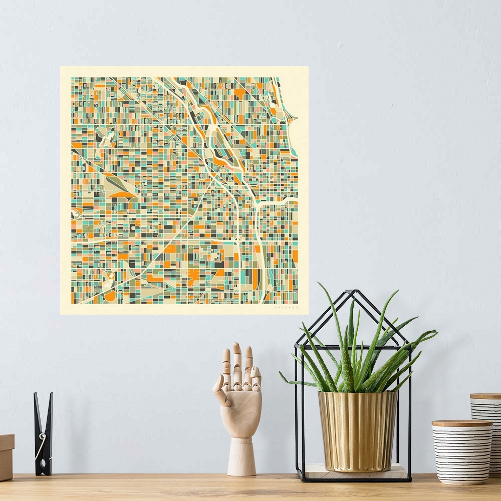 A bohemian room featuring Colorfully illustrated aerial street map of Chicago, Illinois on a square background.