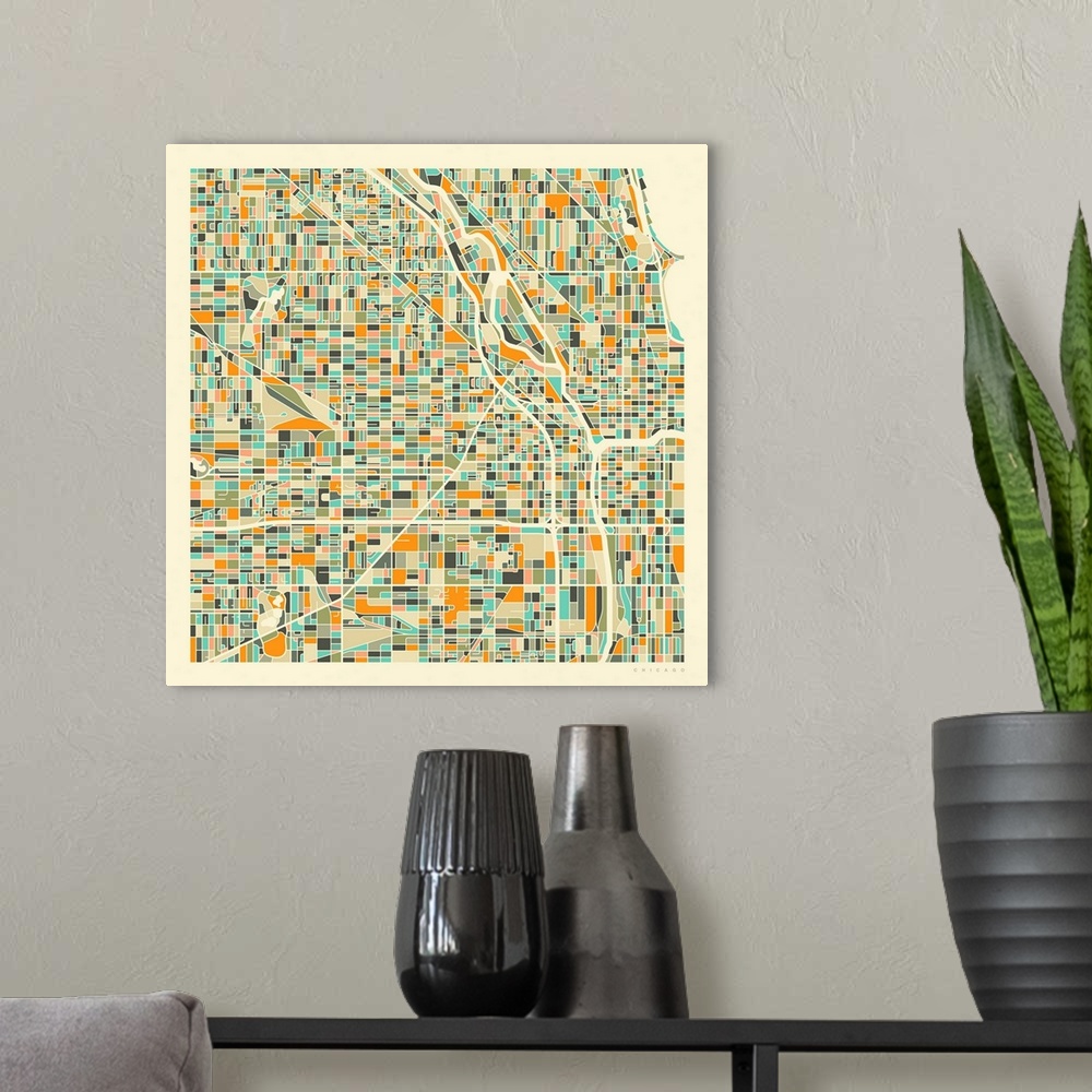 A modern room featuring Colorfully illustrated aerial street map of Chicago, Illinois on a square background.