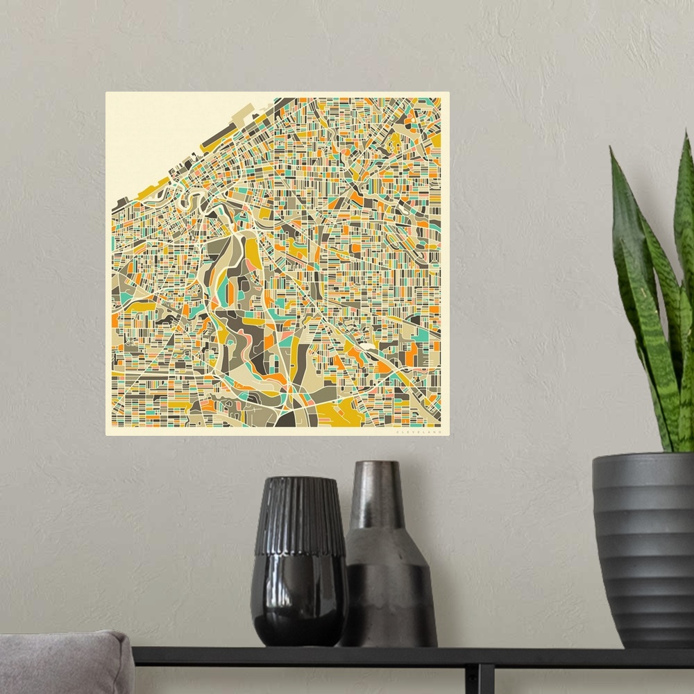 A modern room featuring Colorfully illustrated aerial street map of Cleveland, Ohio on a square background.