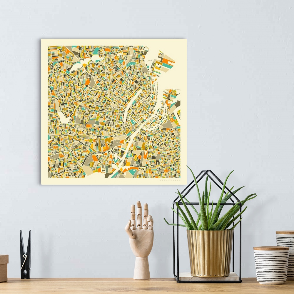 A bohemian room featuring Colorfully illustrated aerial street map of Copenhagen, Denmark on a square background.