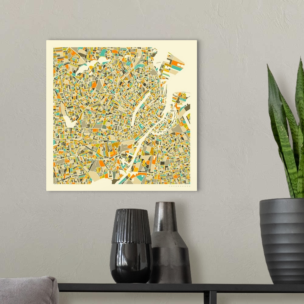 A modern room featuring Colorfully illustrated aerial street map of Copenhagen, Denmark on a square background.