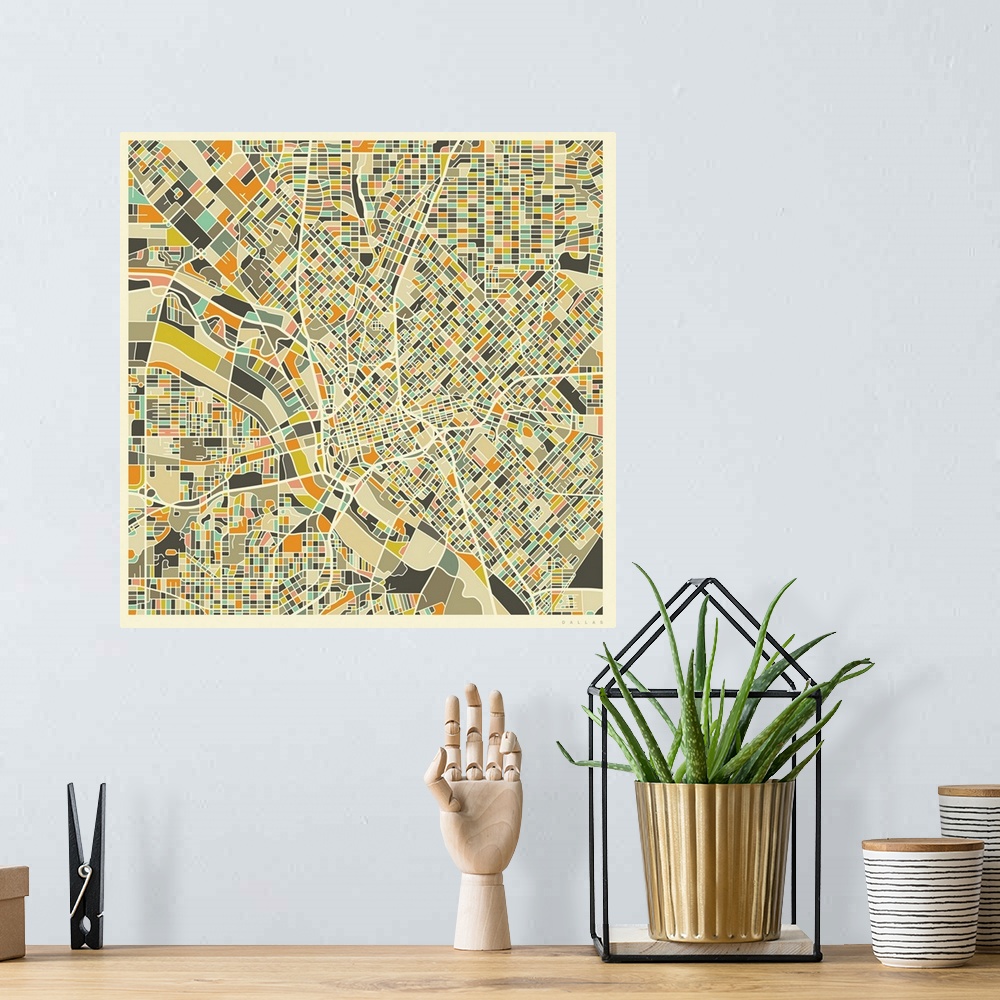 A bohemian room featuring Colorfully illustrated aerial street map of Dallas, Texas on a square background.