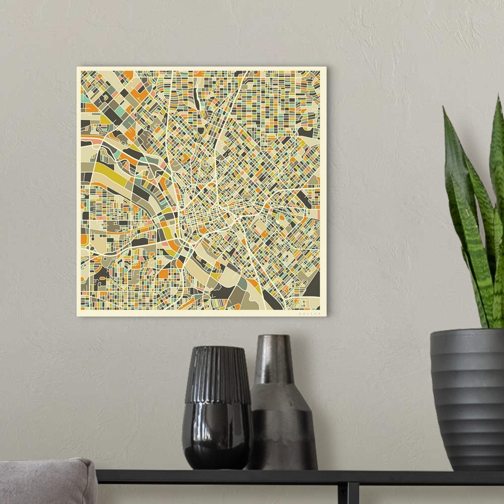 A modern room featuring Colorfully illustrated aerial street map of Dallas, Texas on a square background.