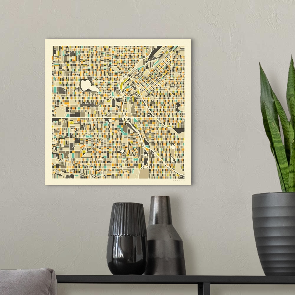 A modern room featuring Colorfully illustrated aerial street map of Denver, Colorado on a square background.