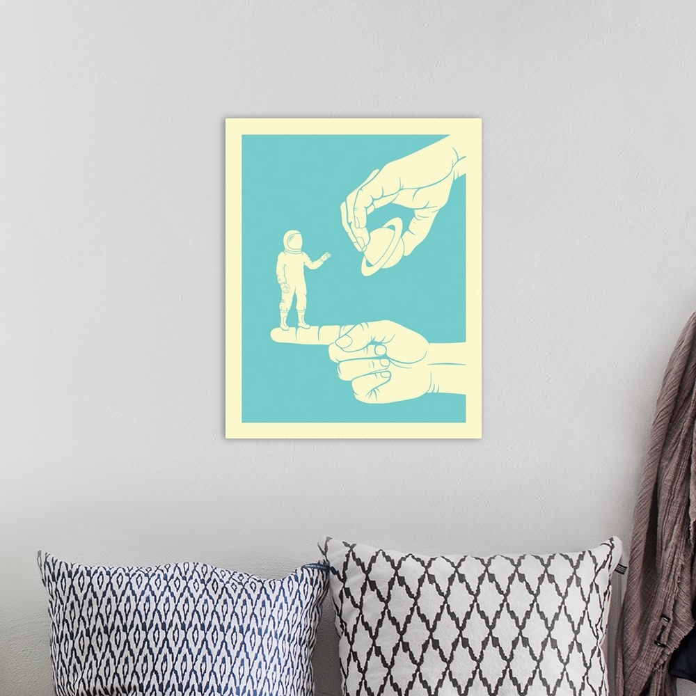 A bohemian room featuring Bright blue and cream conceptual illustration of an astronaut standing on a finger and reaching f...