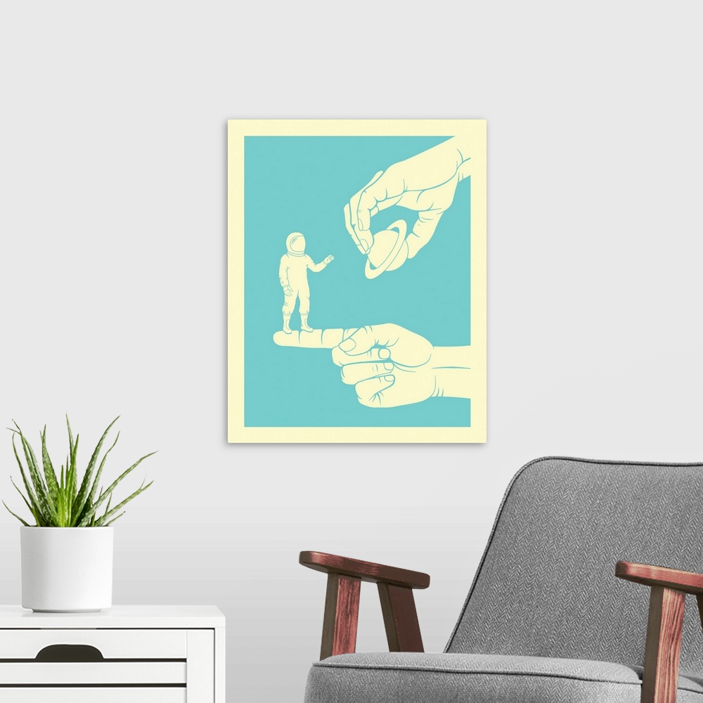 A modern room featuring Bright blue and cream conceptual illustration of an astronaut standing on a finger and reaching f...