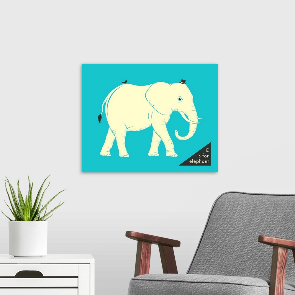 A modern room featuring Illustration of a cream colored elephant with a top hat and a bird riding on its back. "E is for ...