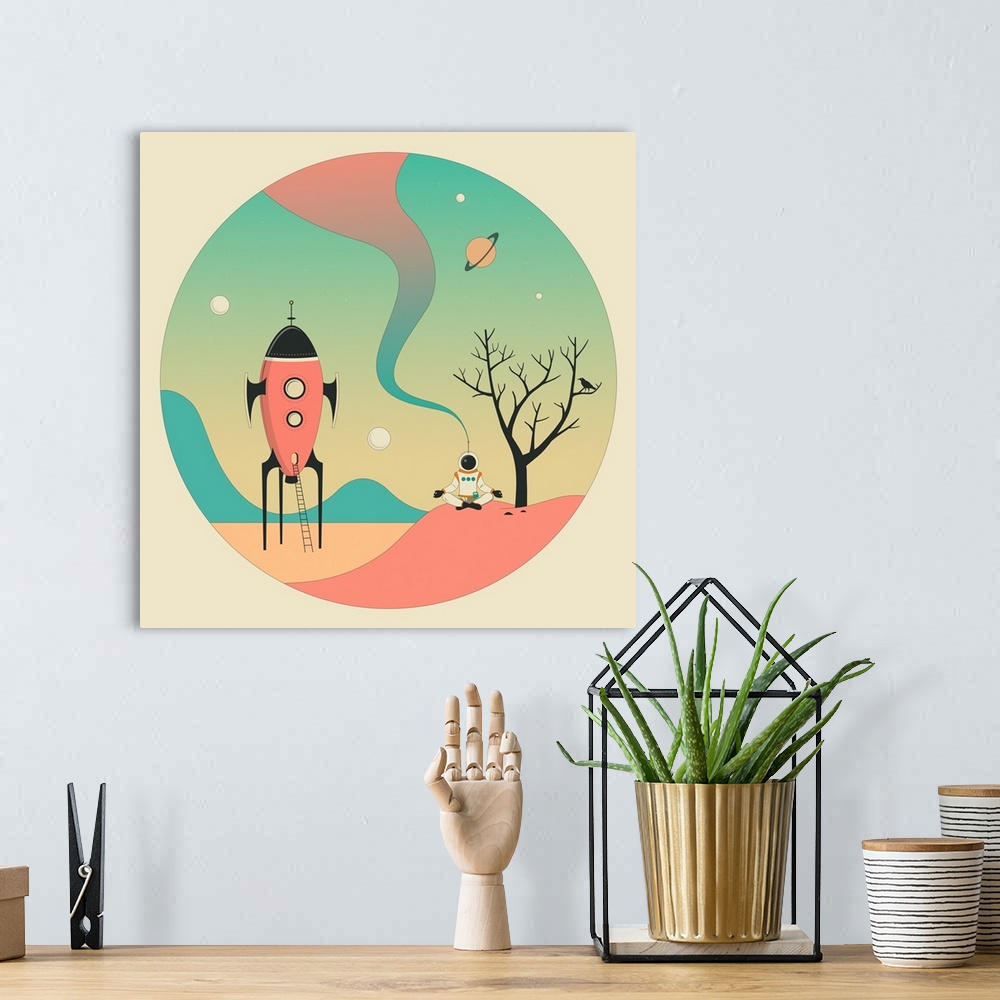 A bohemian room featuring Pastel colored illustration of an astronaut meditating on a planet with a space ship to his/her r...
