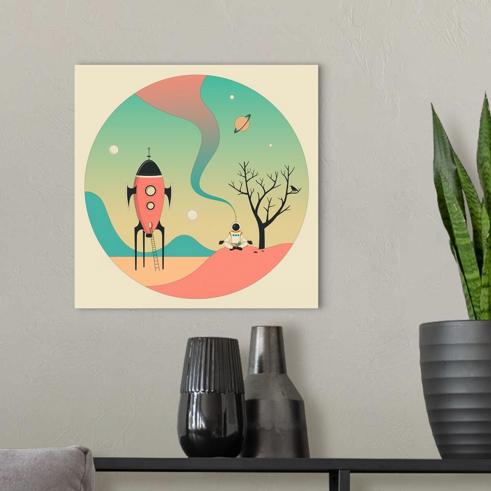 A modern room featuring Pastel colored illustration of an astronaut meditating on a planet with a space ship to his/her r...