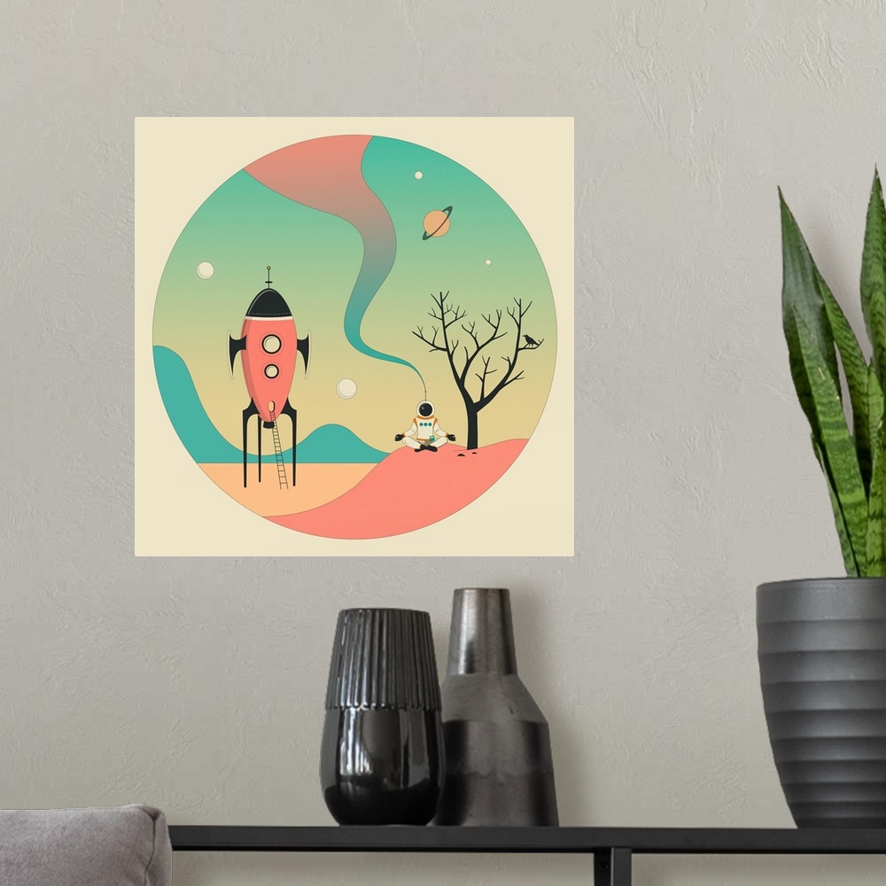 A modern room featuring Pastel colored illustration of an astronaut meditating on a planet with a space ship to his/her r...