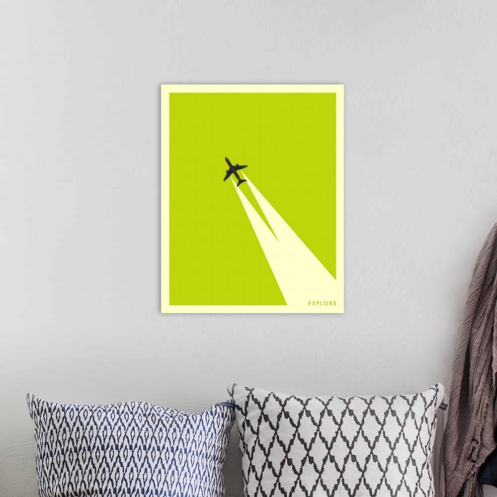 A bohemian room featuring Minimalist illustration of an airplane flying diagonally up the image leaving two white streaks b...