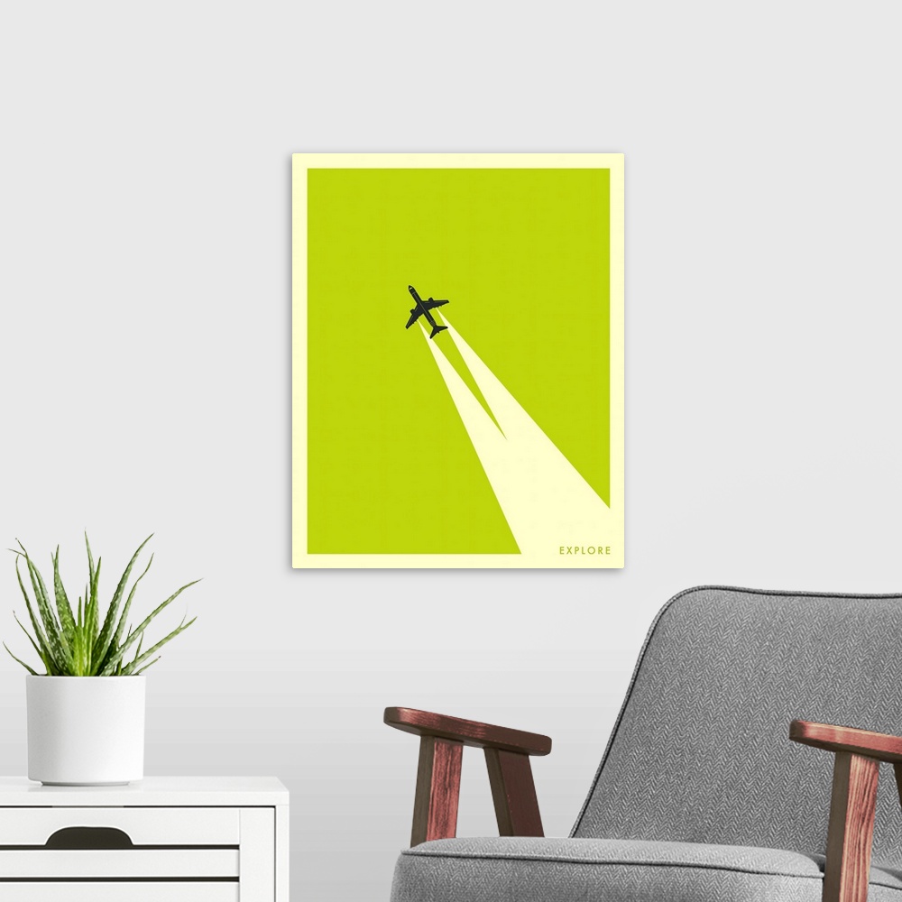 A modern room featuring Minimalist illustration of an airplane flying diagonally up the image leaving two white streaks b...