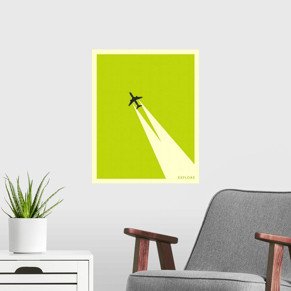 A modern room featuring Minimalist illustration of an airplane flying diagonally up the image leaving two white streaks b...