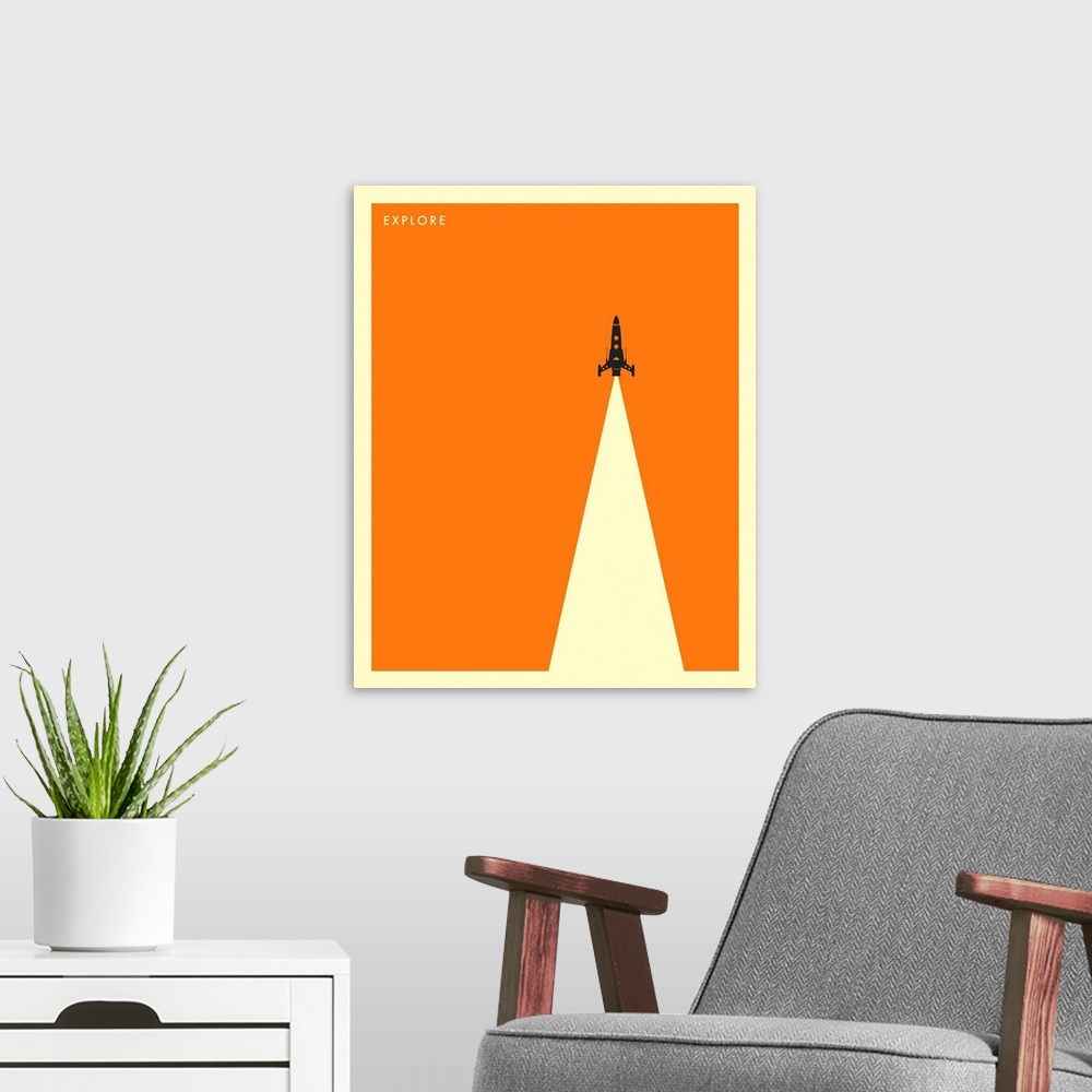 A modern room featuring Minimalist illustration of a rocket ship flying straight up to the top of the image leaving a lar...