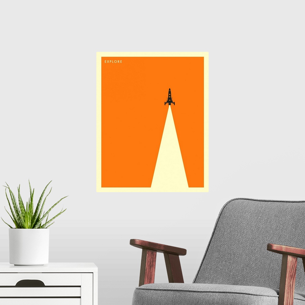 A modern room featuring Minimalist illustration of a rocket ship flying straight up to the top of the image leaving a lar...