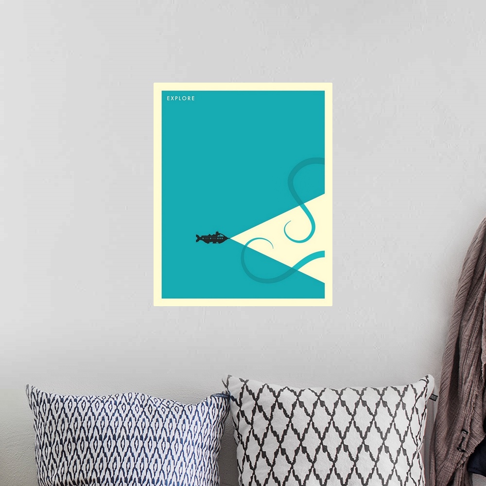 A bohemian room featuring Minimalist illustration of a submarine shining a white light towards two octopus tentacles, and t...