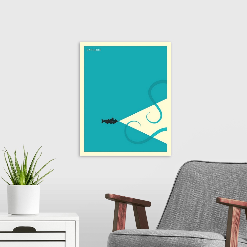 A modern room featuring Minimalist illustration of a submarine shining a white light towards two octopus tentacles, and t...