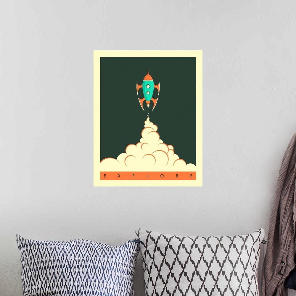 A bohemian room featuring Illustration of a rocket taking off and leaving a cloud of smoke behind, with the word "Explore" ...