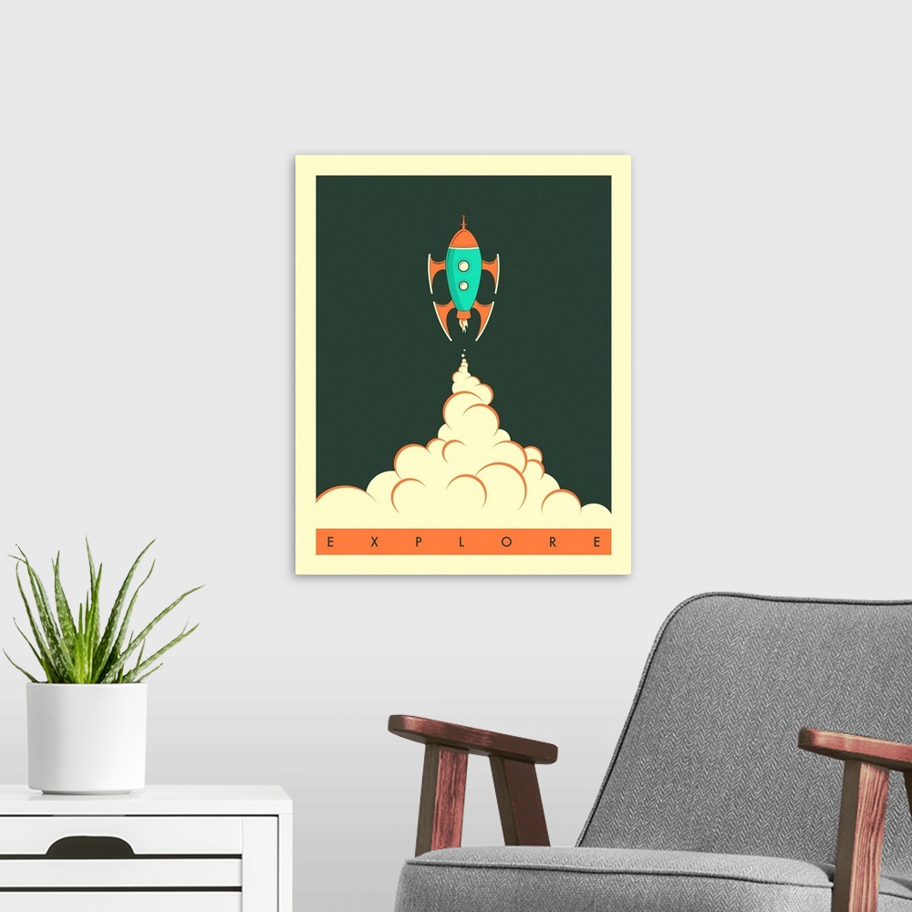A modern room featuring Illustration of a rocket taking off and leaving a cloud of smoke behind, with the word "Explore" ...