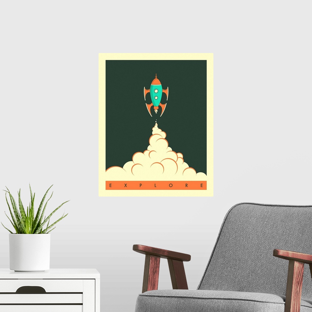 A modern room featuring Illustration of a rocket taking off and leaving a cloud of smoke behind, with the word "Explore" ...