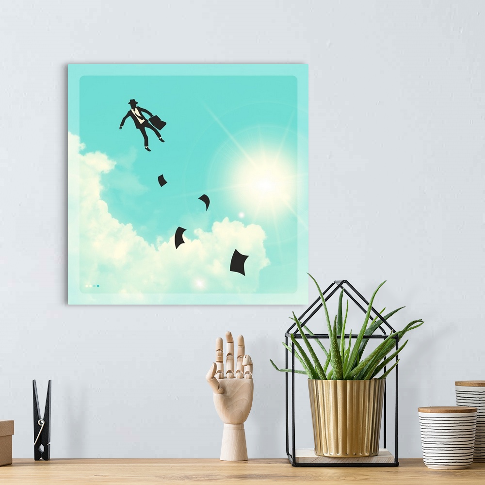 A bohemian room featuring Conceptual illustration of a man in black and white floating in the bright, cloudy sky with paper...