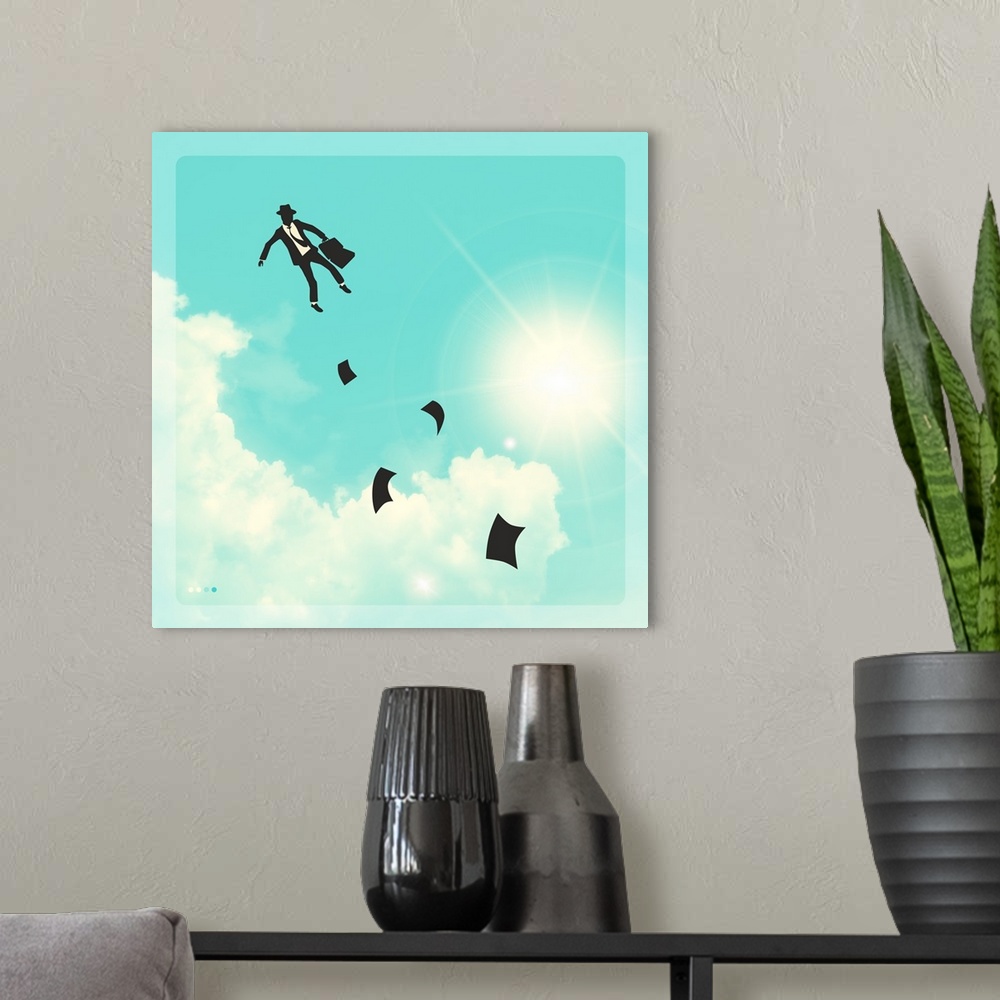 A modern room featuring Conceptual illustration of a man in black and white floating in the bright, cloudy sky with paper...