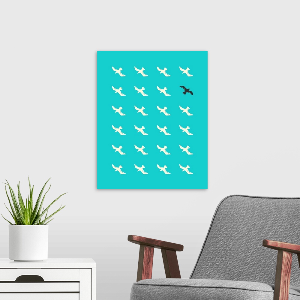A modern room featuring Illustration of a flock of white birds flying down towards the bottom left corner, and one black ...