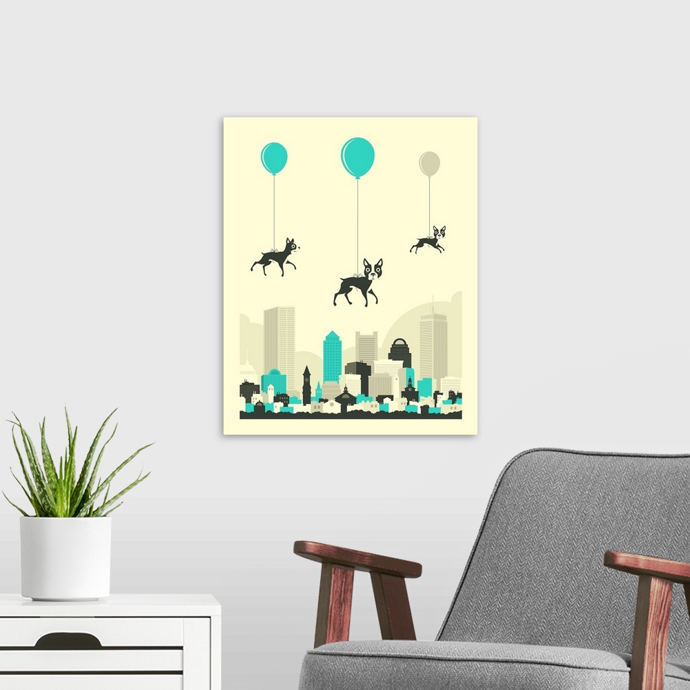 A modern room featuring Whimsical illustration of three Boston Terriers attached to balloons, floating over the Boston, M...