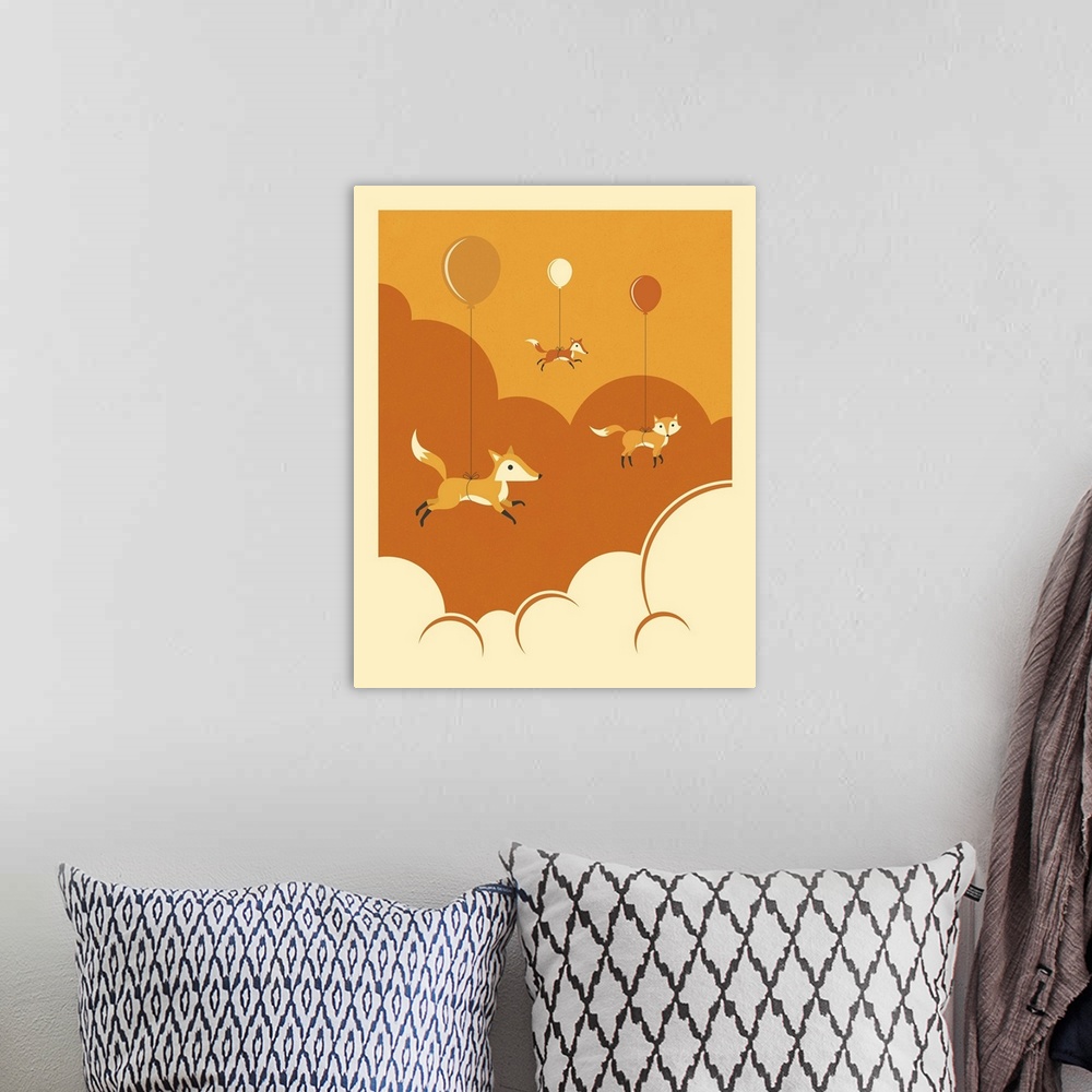 A bohemian room featuring Whimsical illustration of three foxes attached to balloons and floating in the clouds. Created wi...