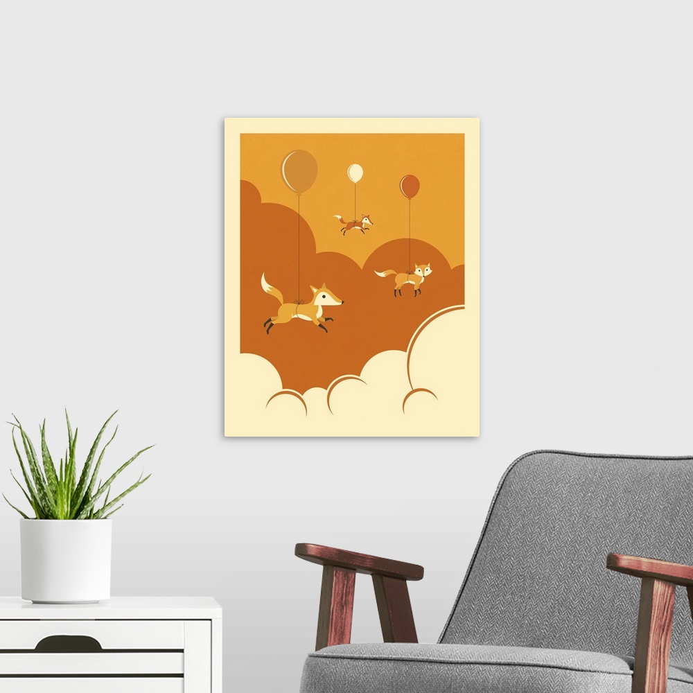 A modern room featuring Whimsical illustration of three foxes attached to balloons and floating in the clouds. Created wi...