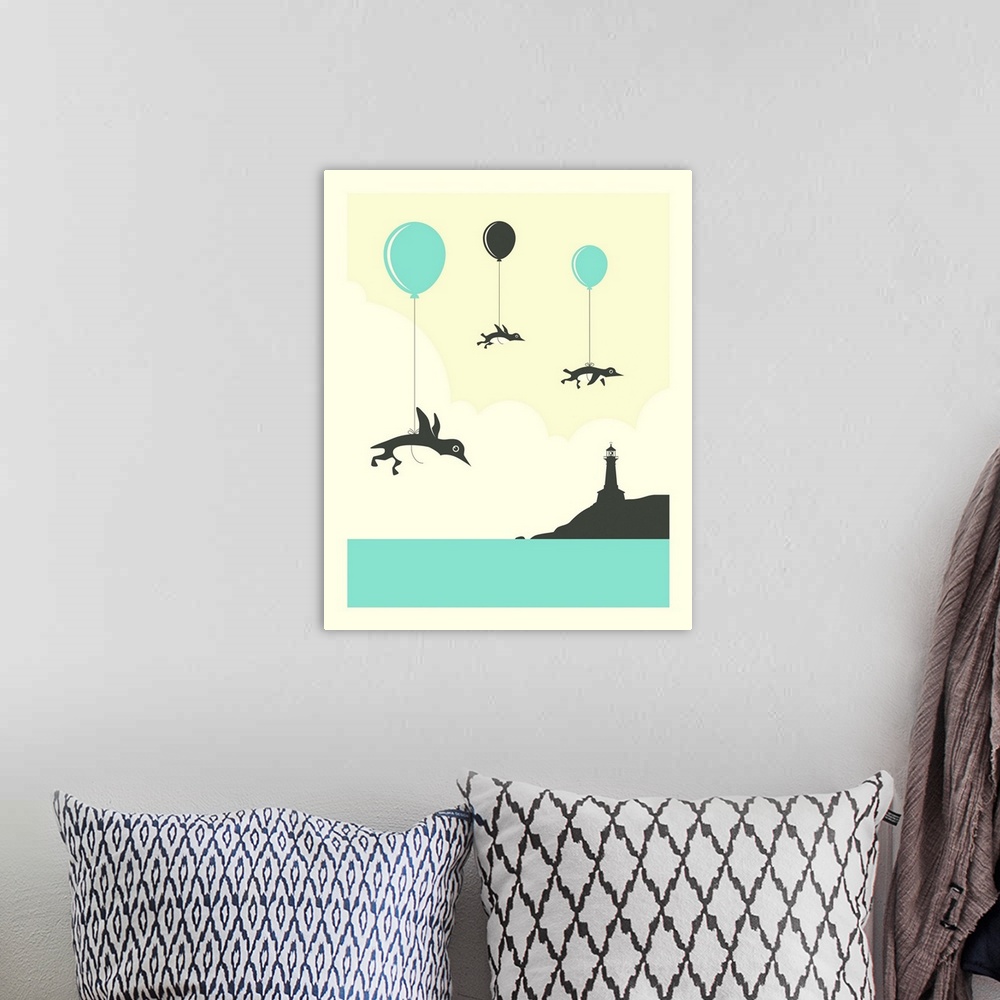 A bohemian room featuring Whimsical illustration of three penguins attached to balloons and floating in the sky above the o...