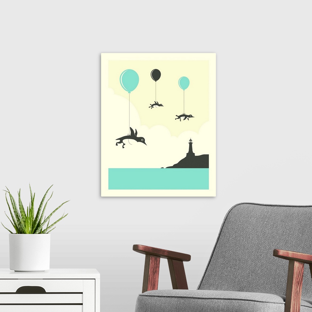 A modern room featuring Whimsical illustration of three penguins attached to balloons and floating in the sky above the o...