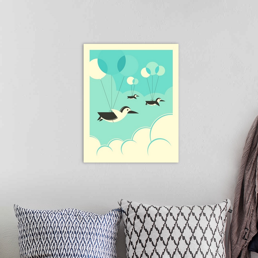 A bohemian room featuring Whimsical illustration of three penguins attached to balloons and floating in the clouds. Created...