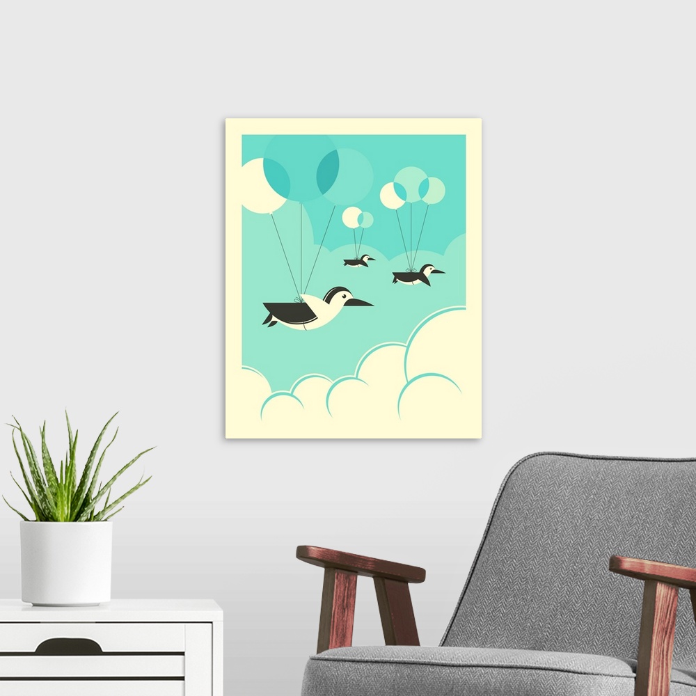 A modern room featuring Whimsical illustration of three penguins attached to balloons and floating in the clouds. Created...