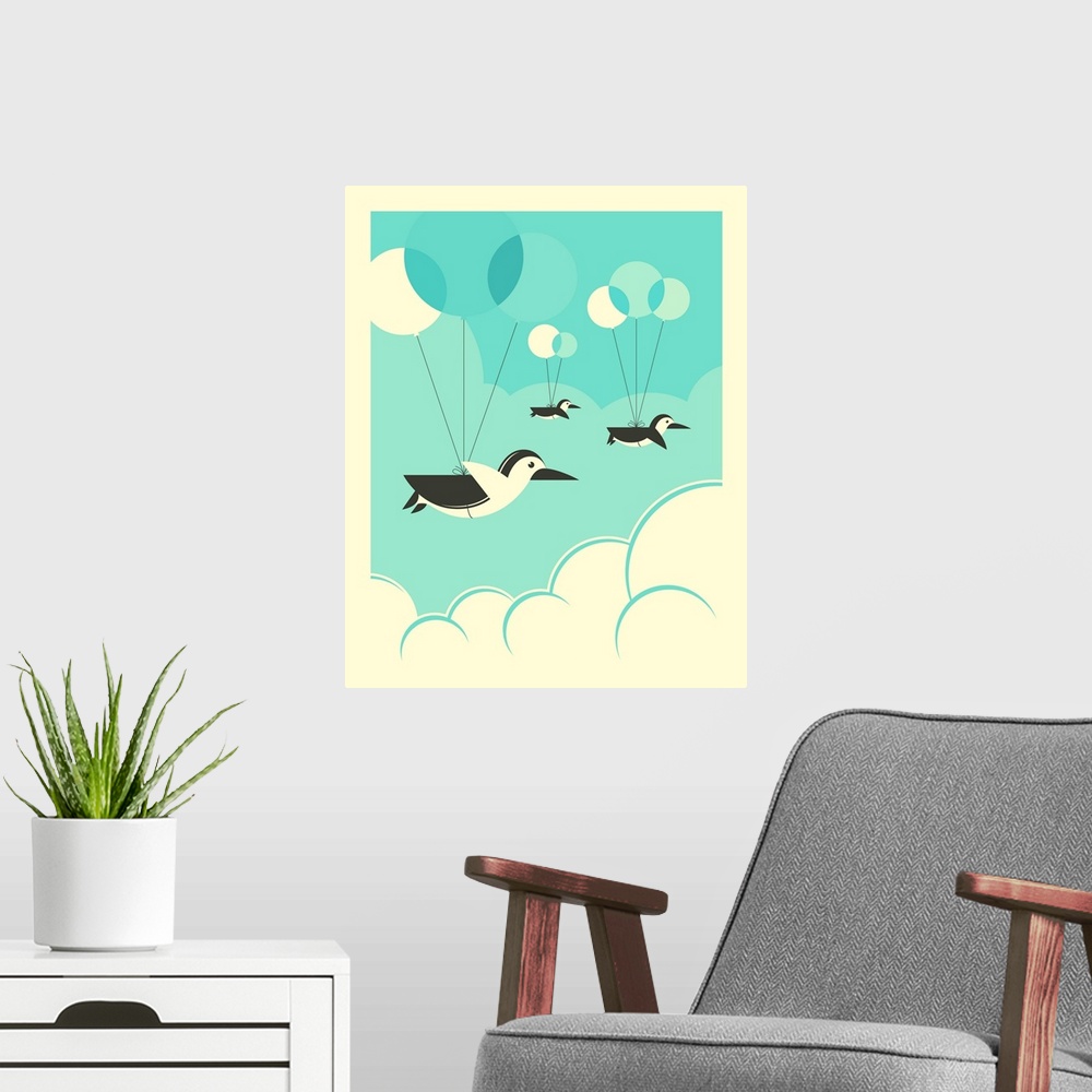 A modern room featuring Whimsical illustration of three penguins attached to balloons and floating in the clouds. Created...