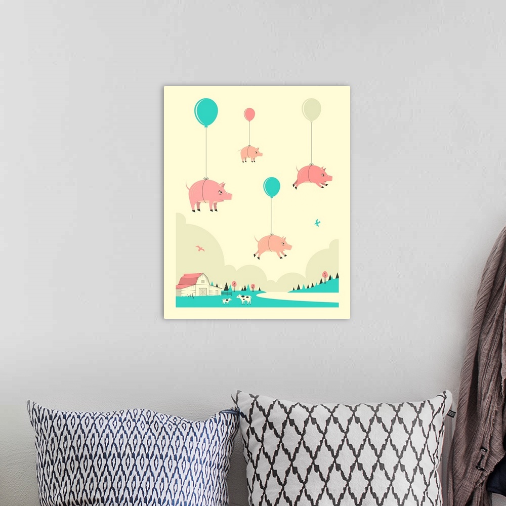 A bohemian room featuring Whimsical illustration of four pink pigs attached to balloons and floating in the sky above a far...