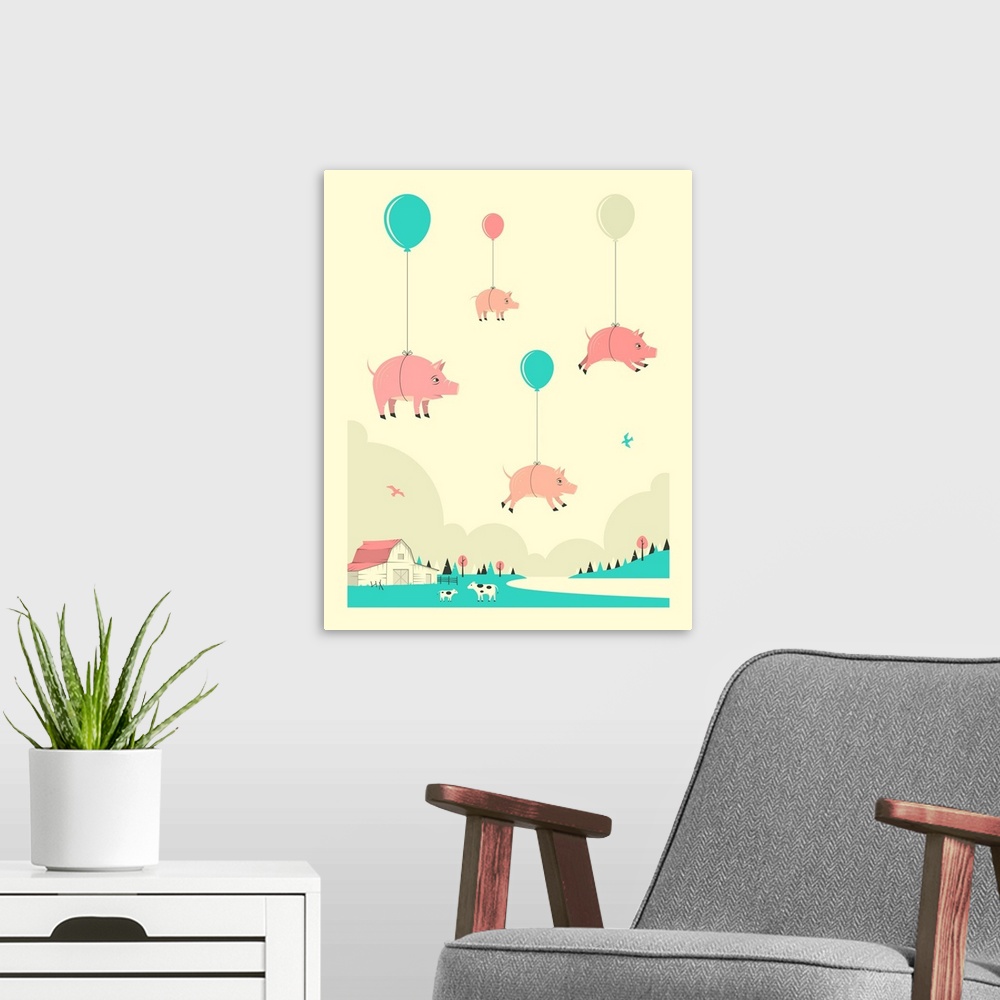 A modern room featuring Whimsical illustration of four pink pigs attached to balloons and floating in the sky above a far...