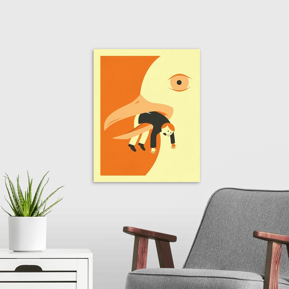 A modern room featuring Illustration in orange, black, and cream, of a large bird with a man in its beak.