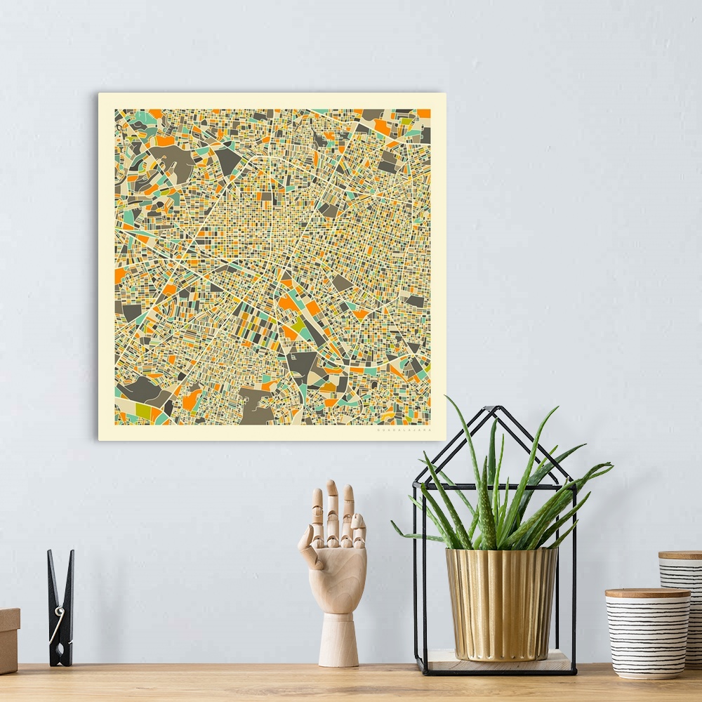 A bohemian room featuring Colorfully illustrated aerial street map of Guadalajara, Mexico on a square background.
