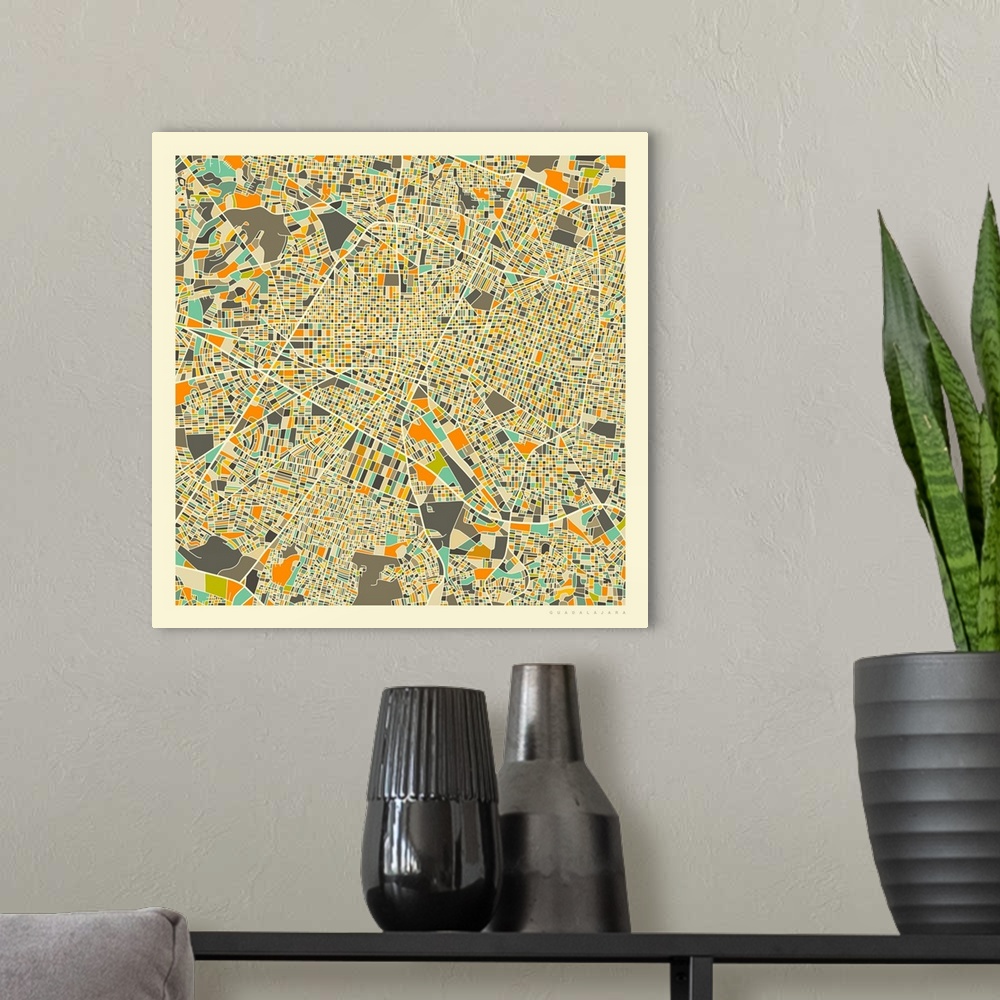 A modern room featuring Colorfully illustrated aerial street map of Guadalajara, Mexico on a square background.