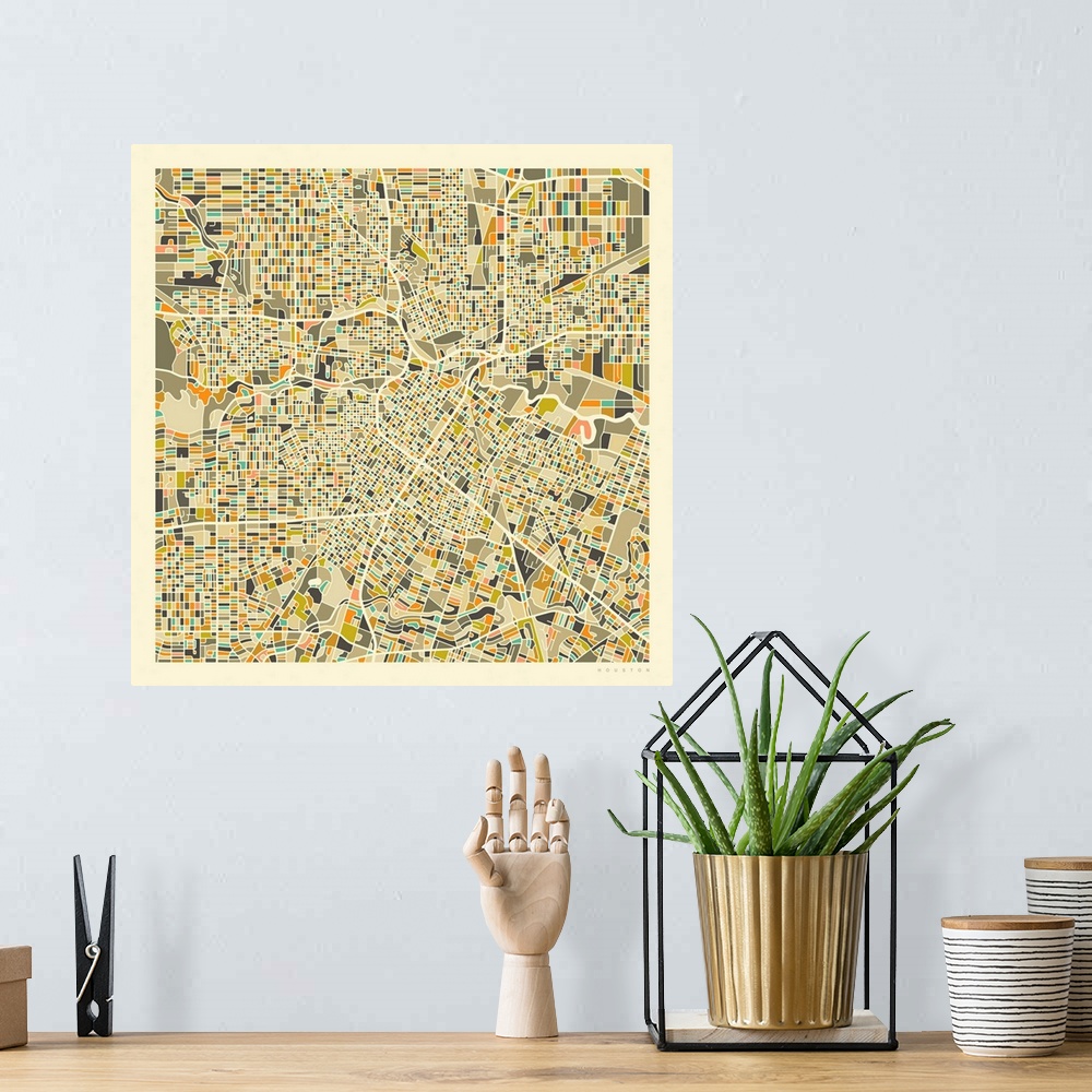 A bohemian room featuring Colorfully illustrated aerial street map of Houston, Texas on a square background.