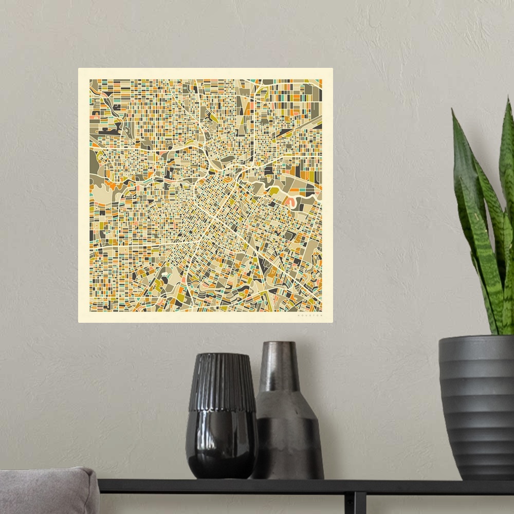 A modern room featuring Colorfully illustrated aerial street map of Houston, Texas on a square background.