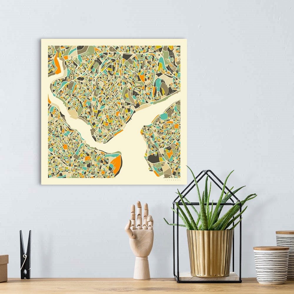 A bohemian room featuring Colorfully illustrated aerial street map of Istanbul, Turkey on a square background.